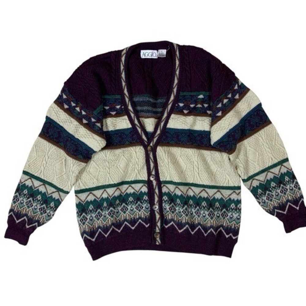 AGGIO Vintage Cardigan Geometric Knit Button Front Sweater XL
